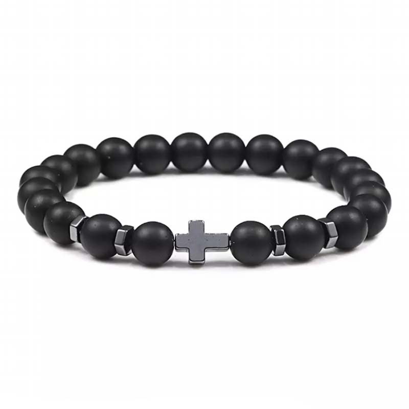 Natural Stone Cross Beaded Bracelet – Unisex Faith & Style