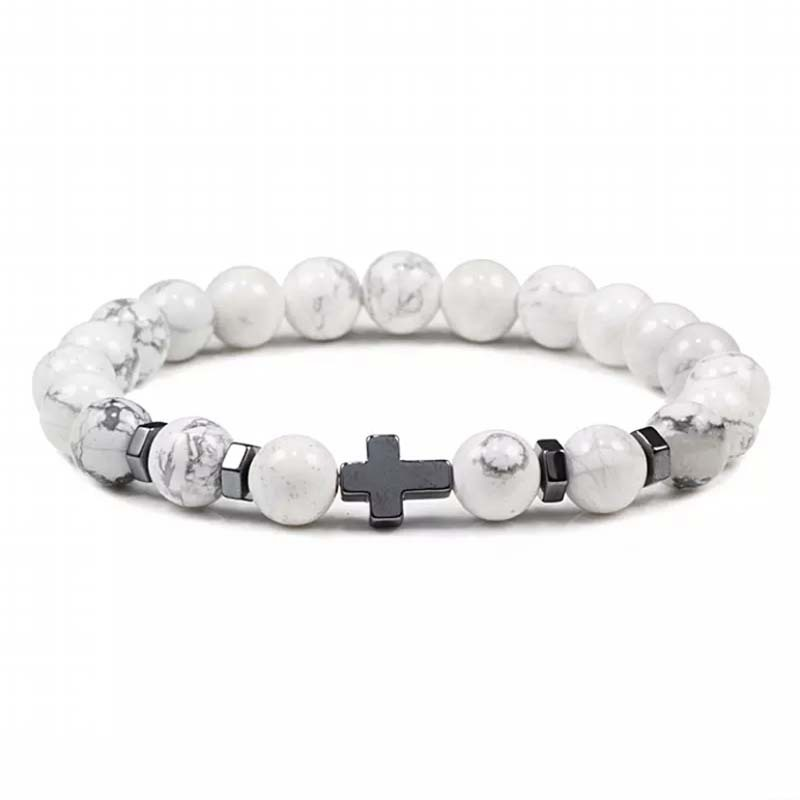Natural Stone Cross Beaded Bracelet – Unisex Faith & Style