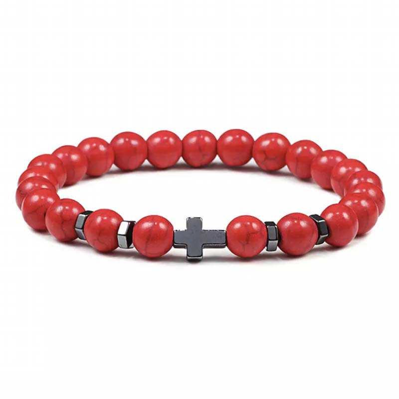 Natural Stone Cross Beaded Bracelet – Unisex Faith & Style