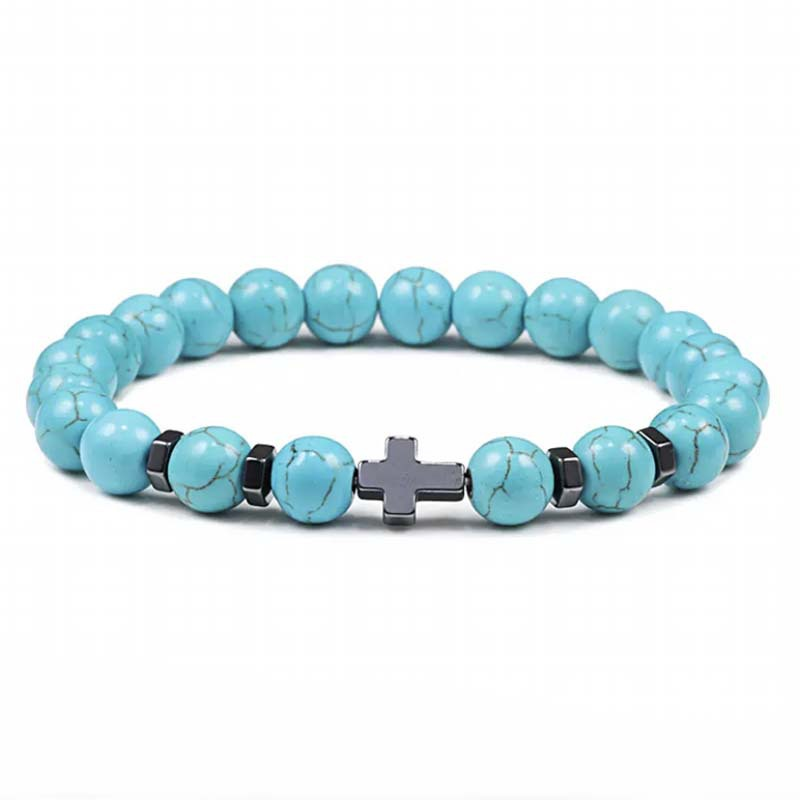 Natural Stone Cross Beaded Bracelet – Unisex Faith & Style