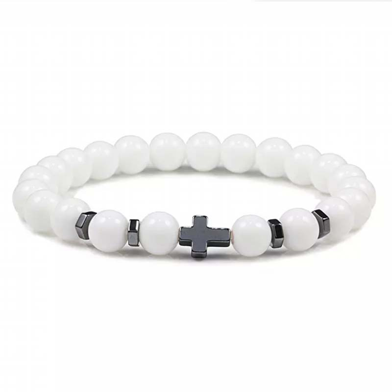 Natural Stone Cross Beaded Bracelet – Unisex Faith & Style