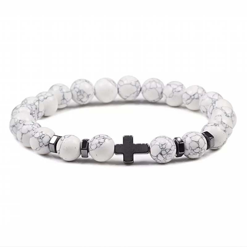 Natural Stone Cross Beaded Bracelet – Unisex Faith & Style
