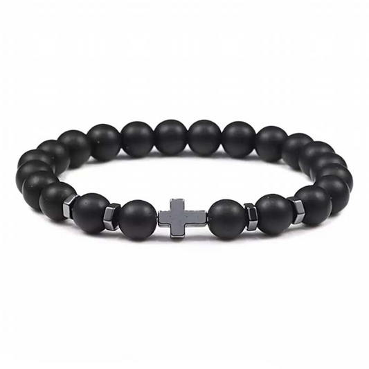Natural Stone Cross Beaded Bracelet – Unisex Faith & Style