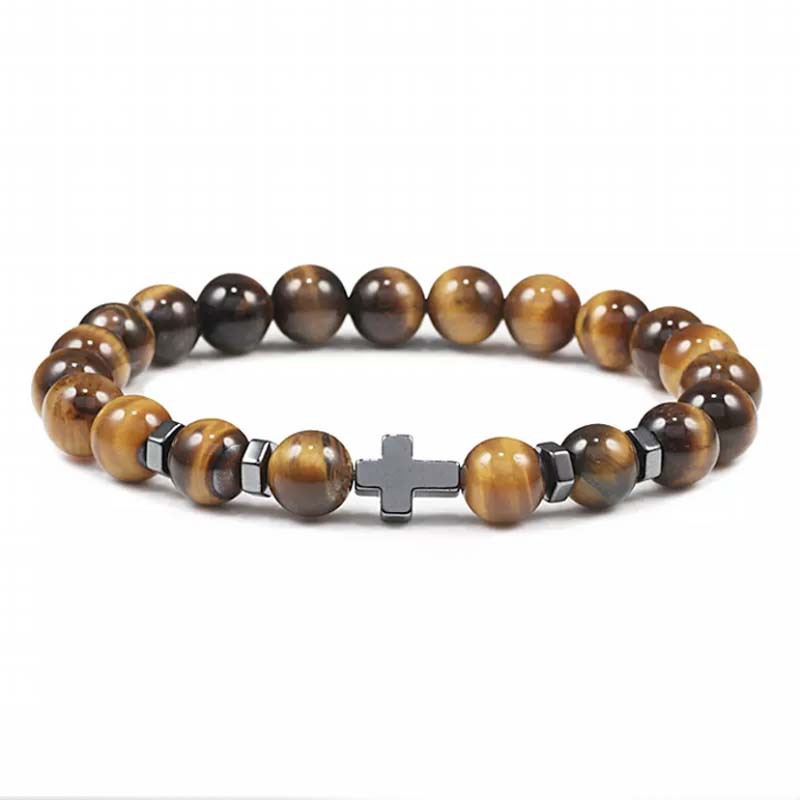 Natural Stone Cross Beaded Bracelet – Unisex Faith & Style
