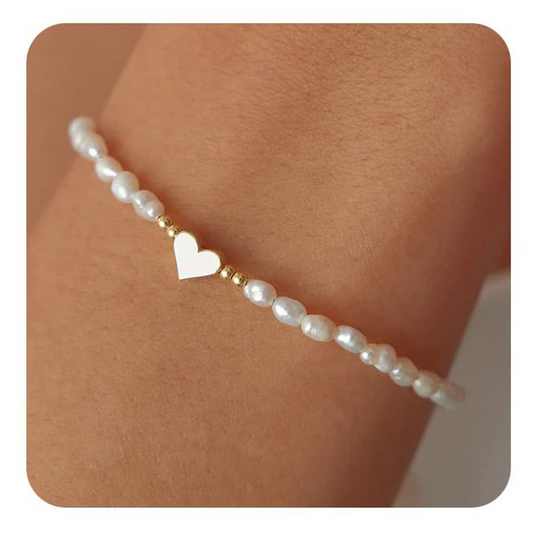 Elegant Heart Pearl Chain Bracelet – Timeless Gold & Silver Design