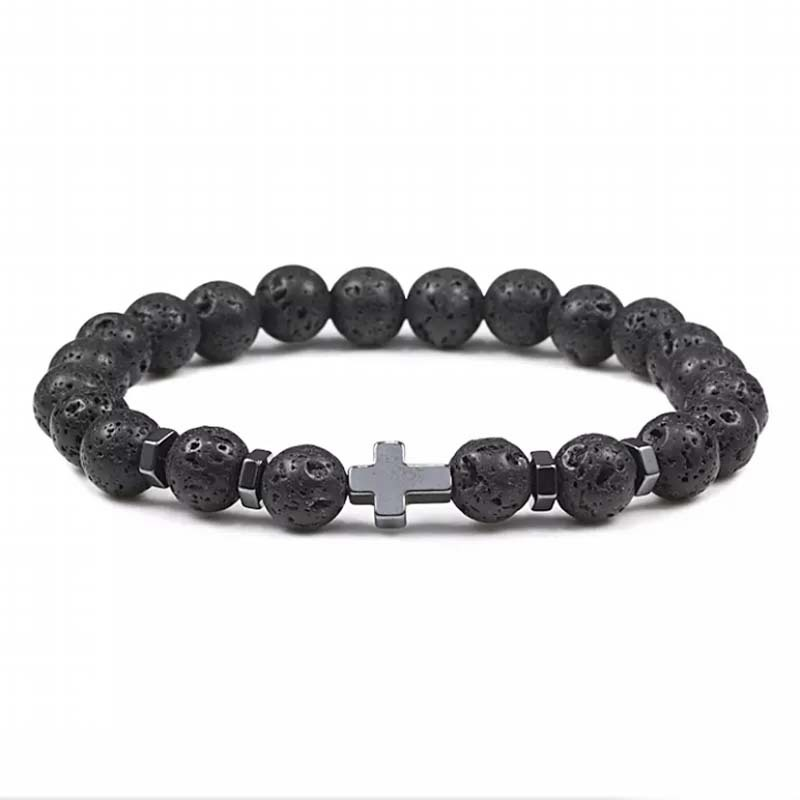 Natural Stone Cross Beaded Bracelet – Unisex Faith & Style